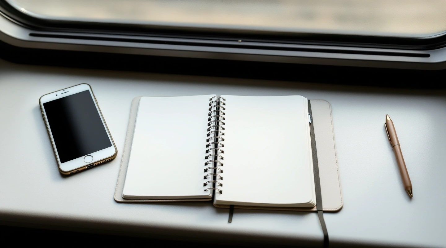Blank notebook, pen and dark-screen phone on a train window table