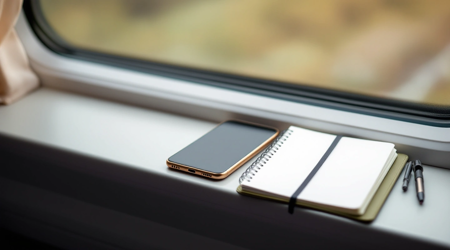 Phone and blank notebook on a train window table