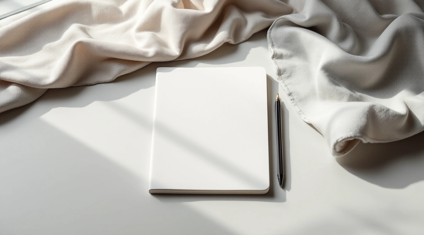 Closed blank notebook beside folded light fabric
