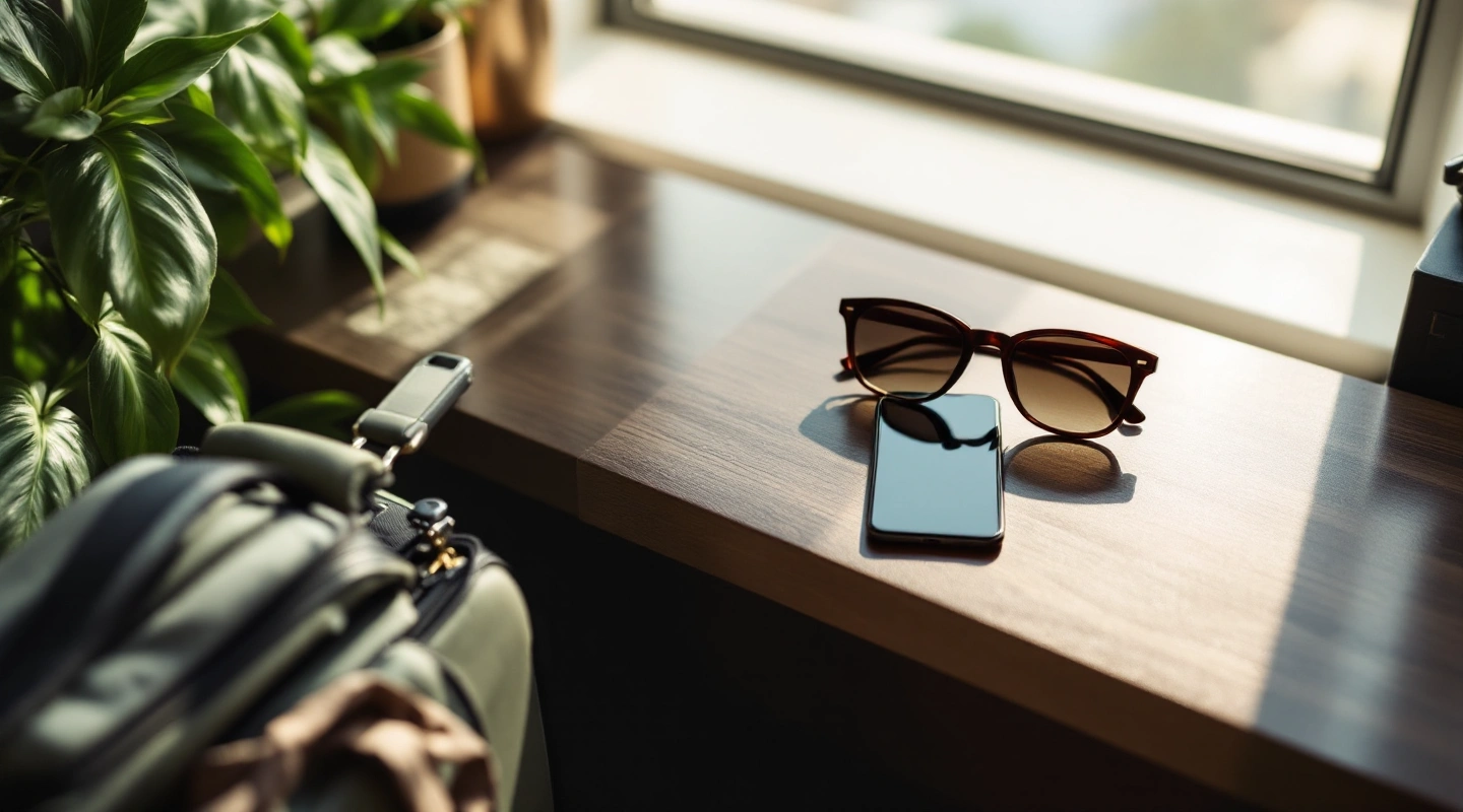 Sunglasses and a dark-screen phone beside a travel bag on a windowsill