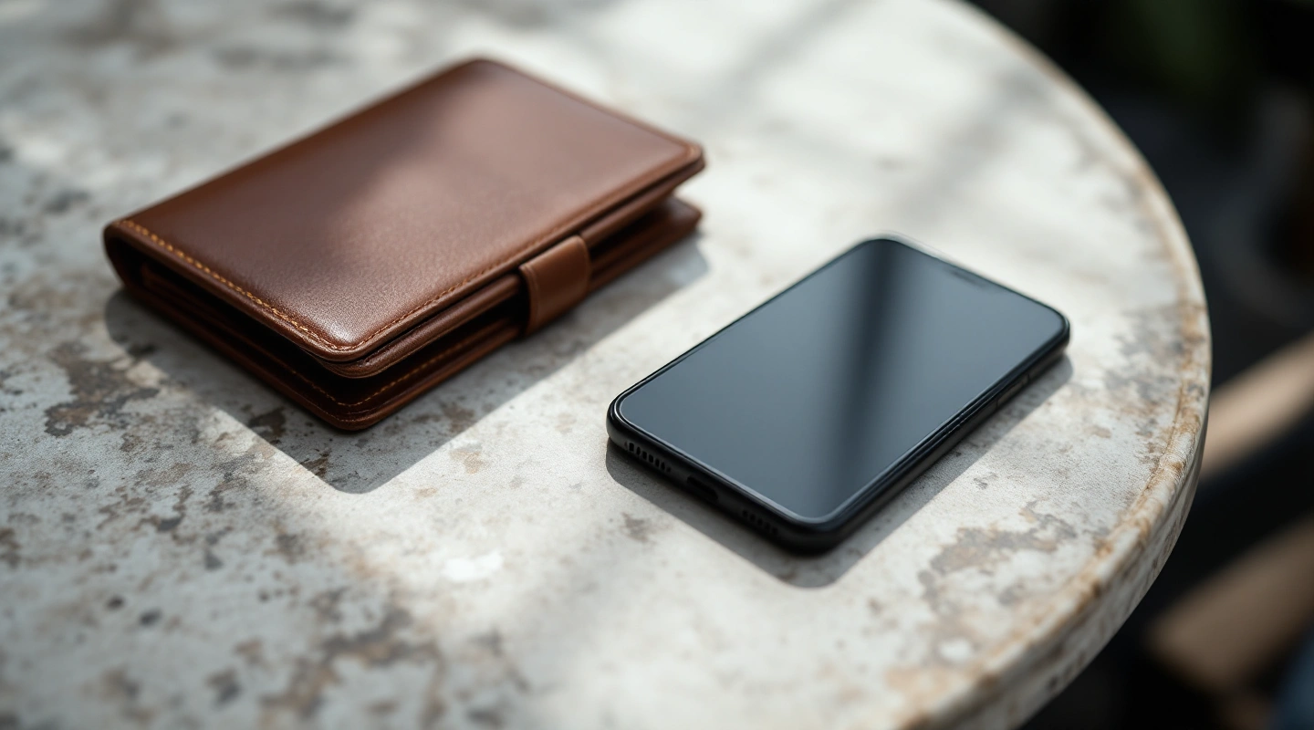Plain wallet and dark-screen phone on a stone table