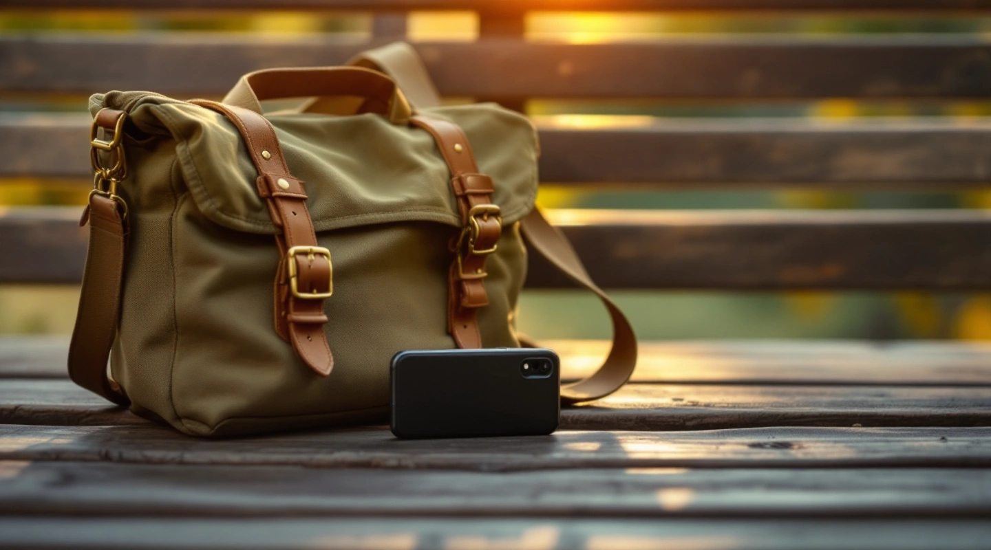 Canvas travel bag and dark-screen phone on a sunlit bench