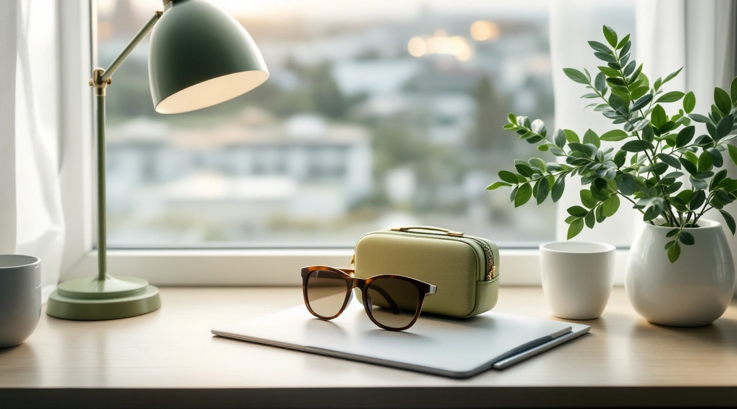 Sunglasses, green pouch and closed laptop beside a window