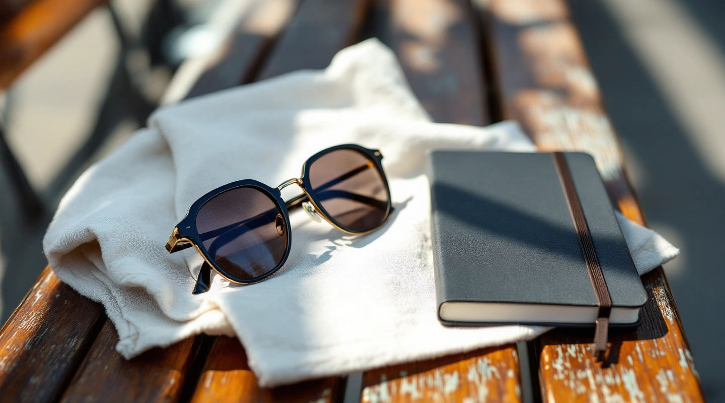 Sunglasses, linen cloth and closed notebook on a wooden bench
