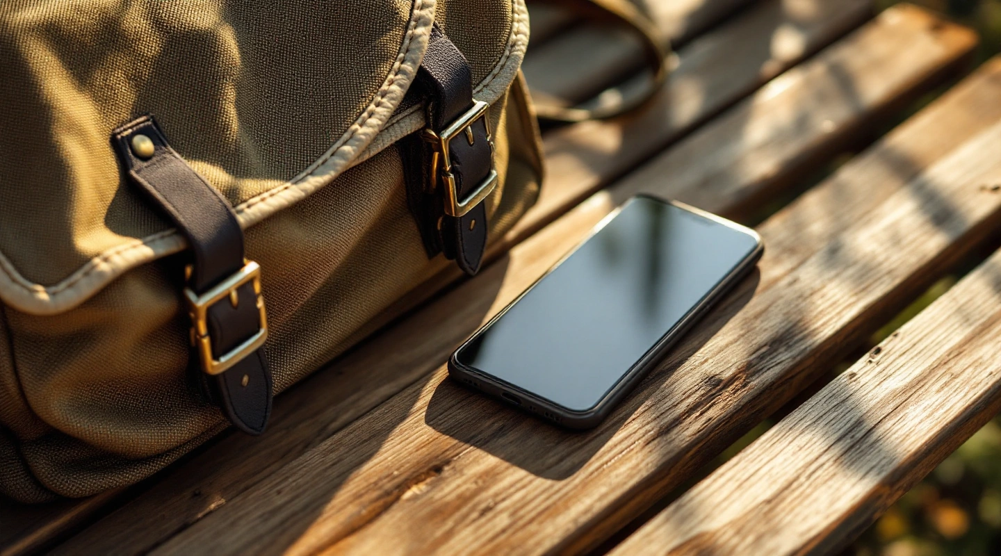 Brown travel bag and dark-screen phone on a wooden bench