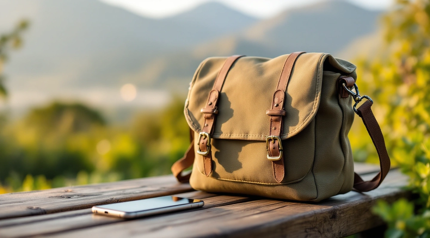 Canvas travel bag beside a notebook on a wooden bench