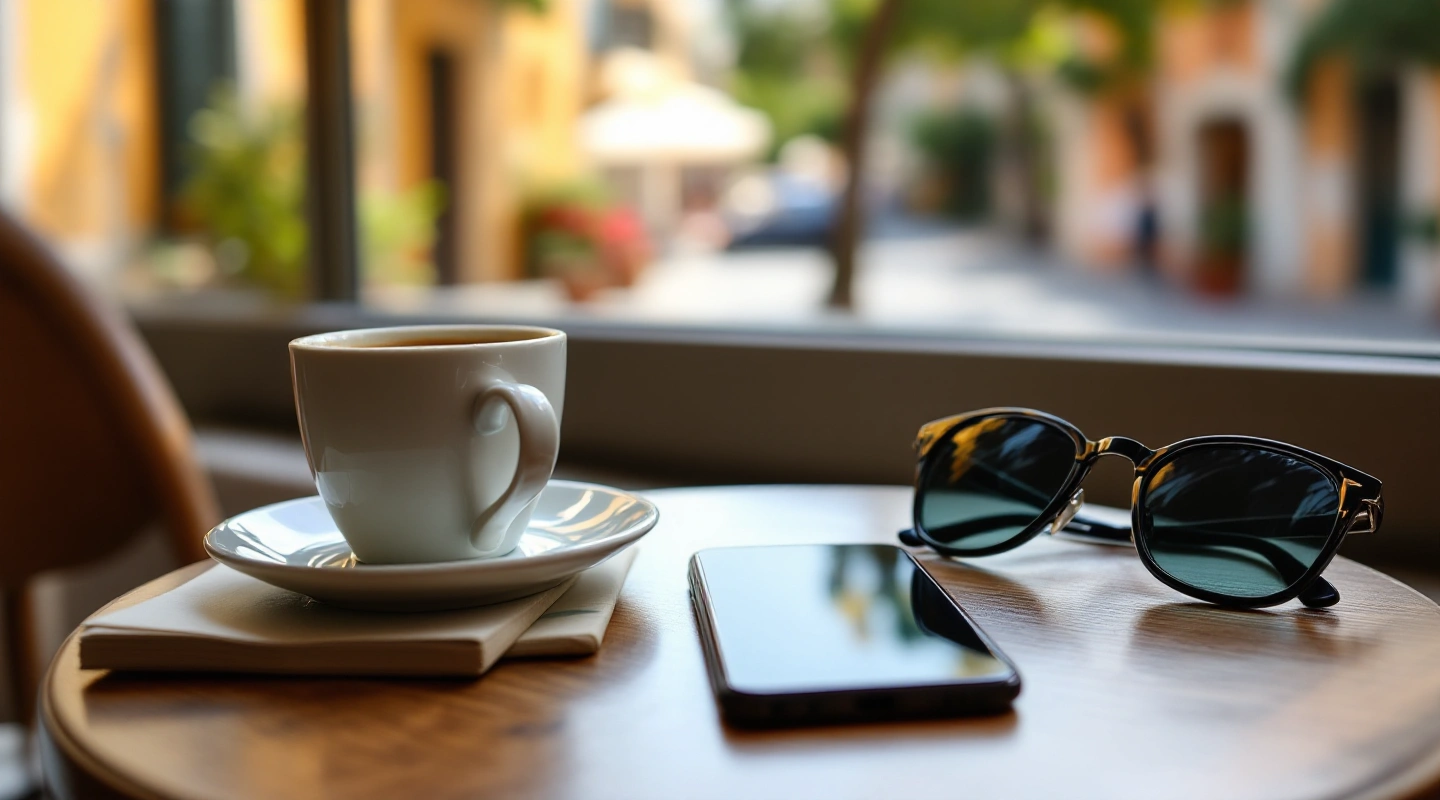 Phone, coffee cup and sunglasses on a cafe table by a window