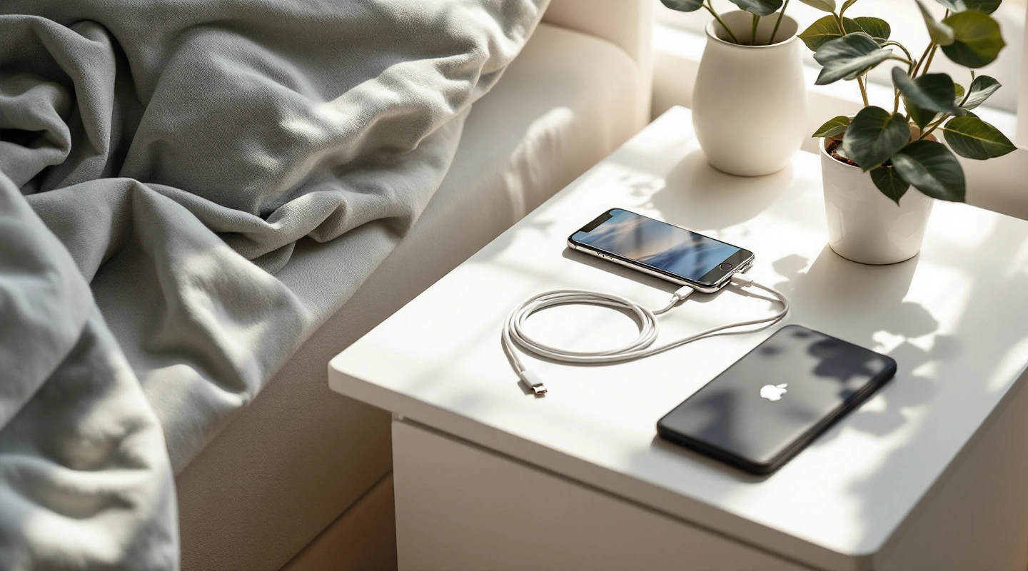 Phone, cable and portable battery on a white bedside table