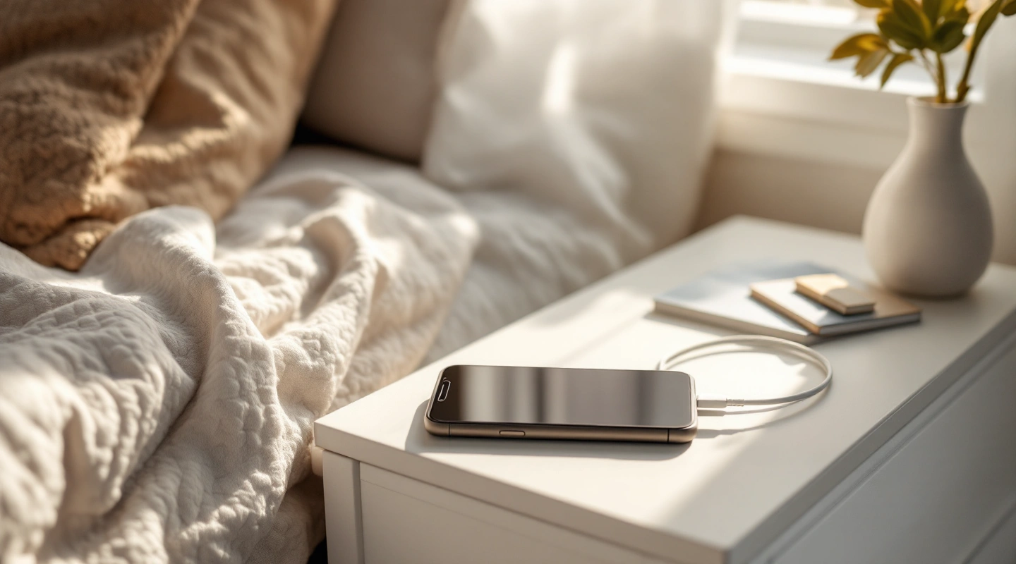 Dark-screen phone and coiled cable on a white bedside table