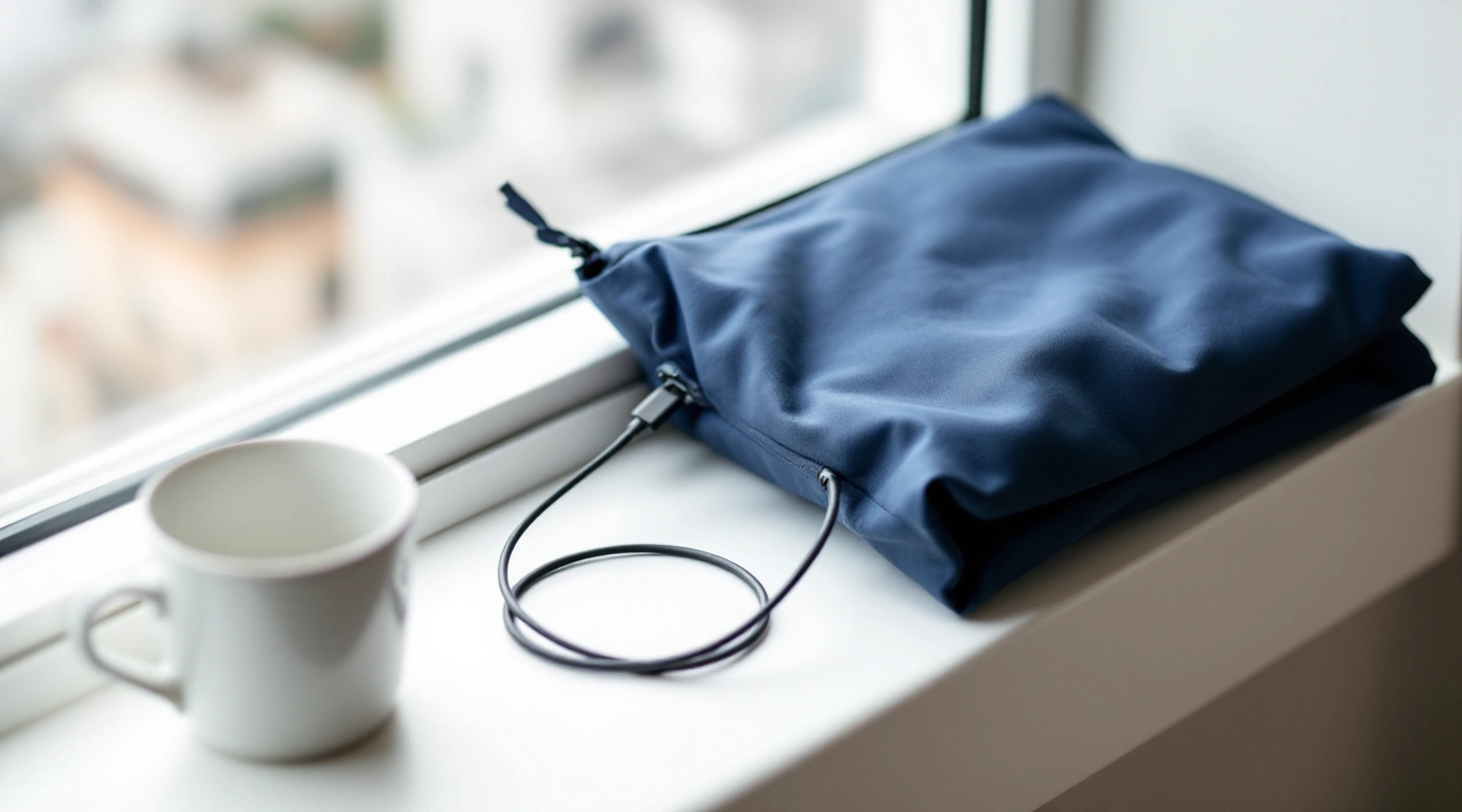 Navy travel pouch and coiled charging cable beside a cup
