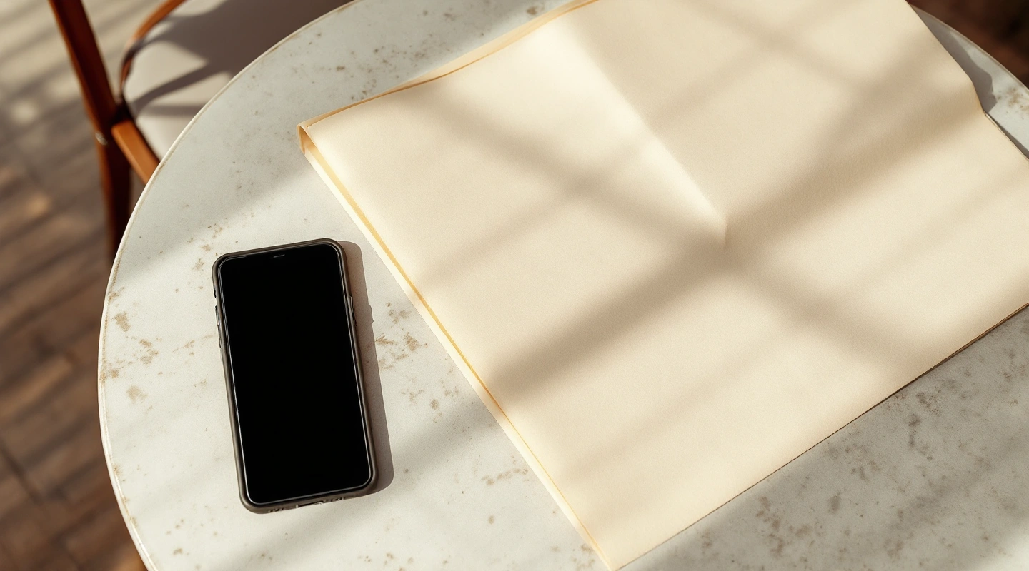 Dark-screen phone beside an open blank notebook in window light