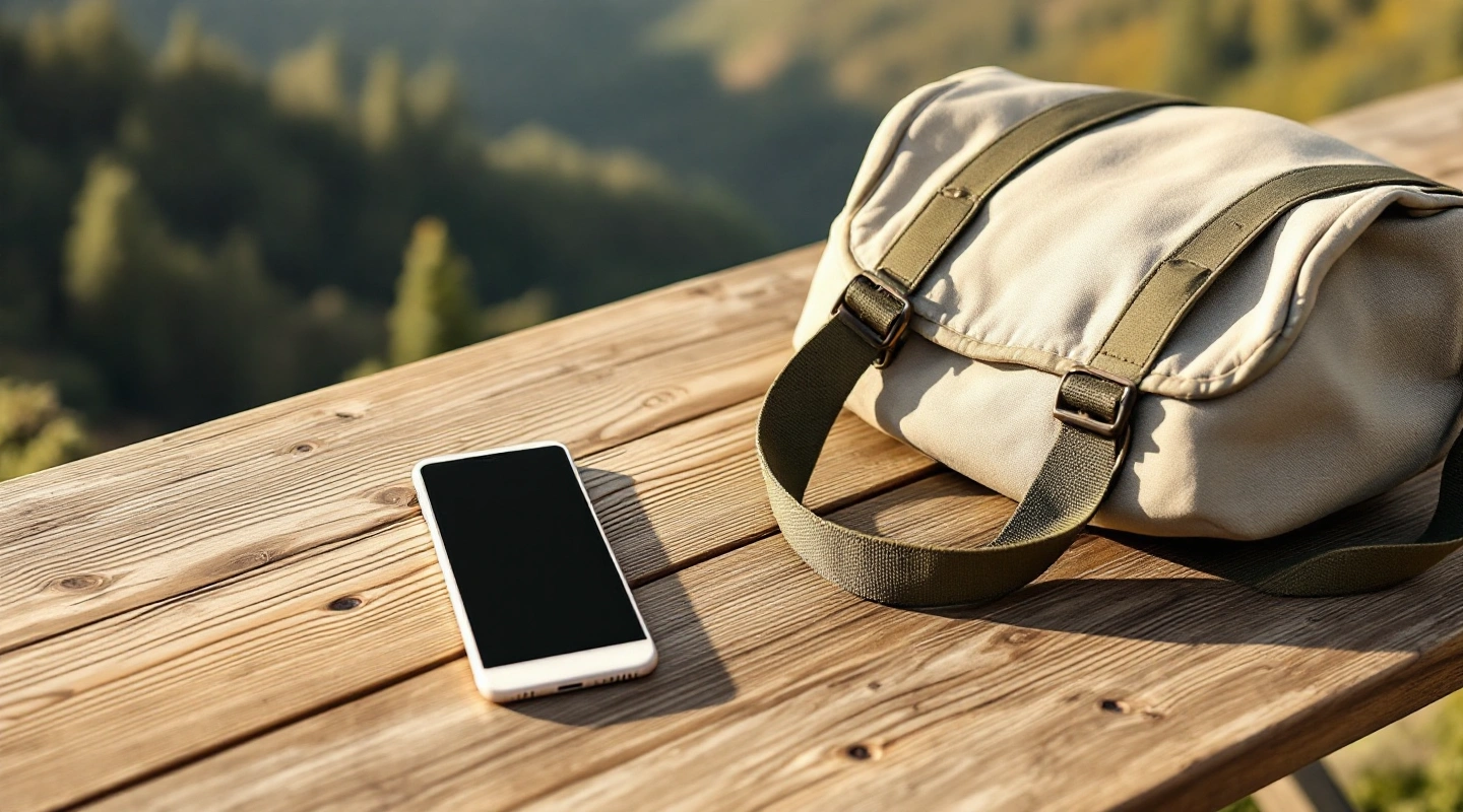 Canvas bag and dark-screen phone on a wooden table