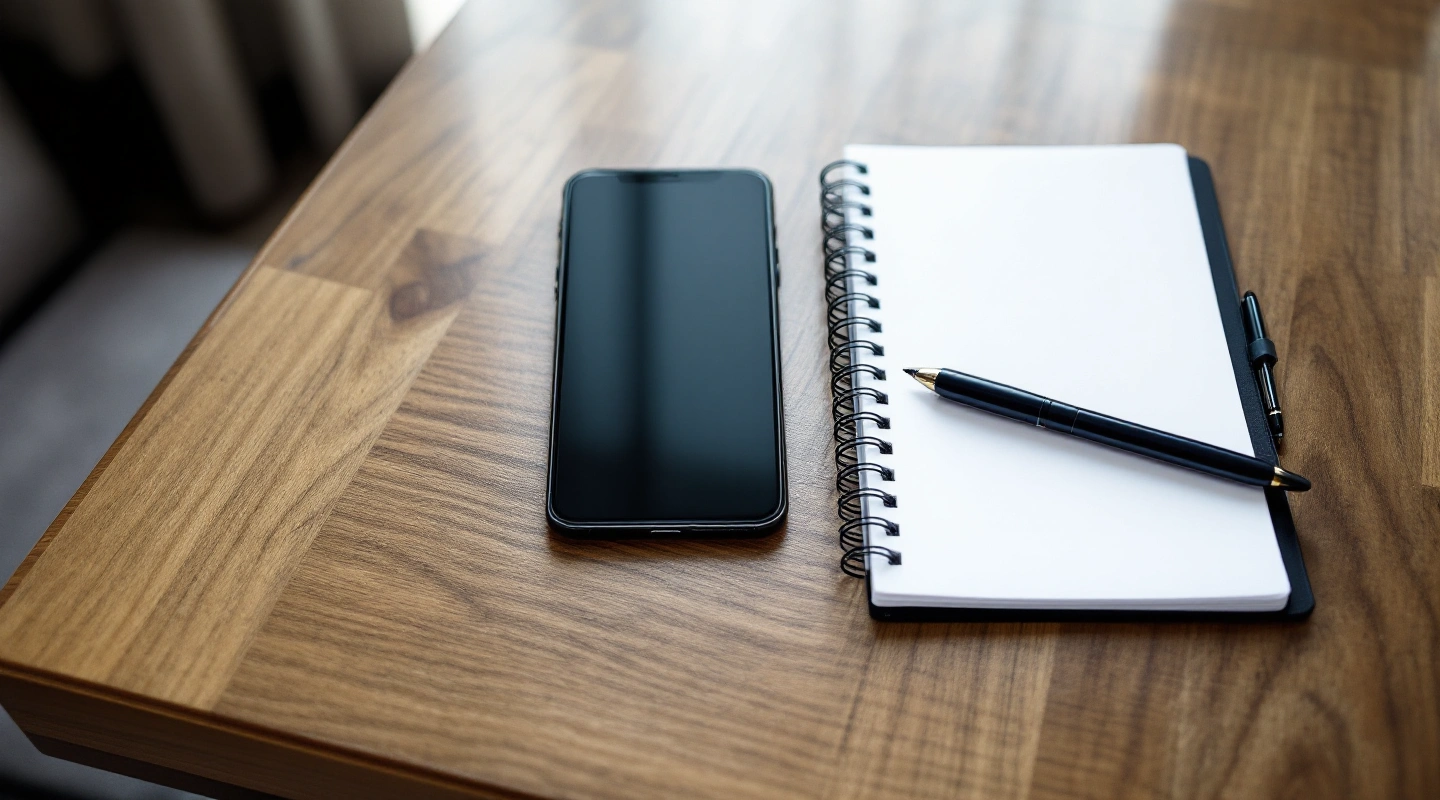 Dark-screen phone and blank spiral notebook on a wooden desk