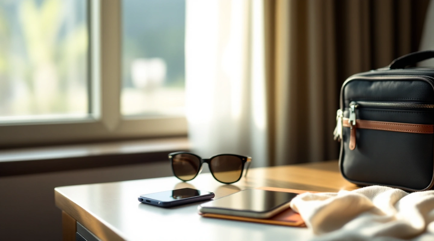 Sunglasses and phone beside a small bag on a hotel table