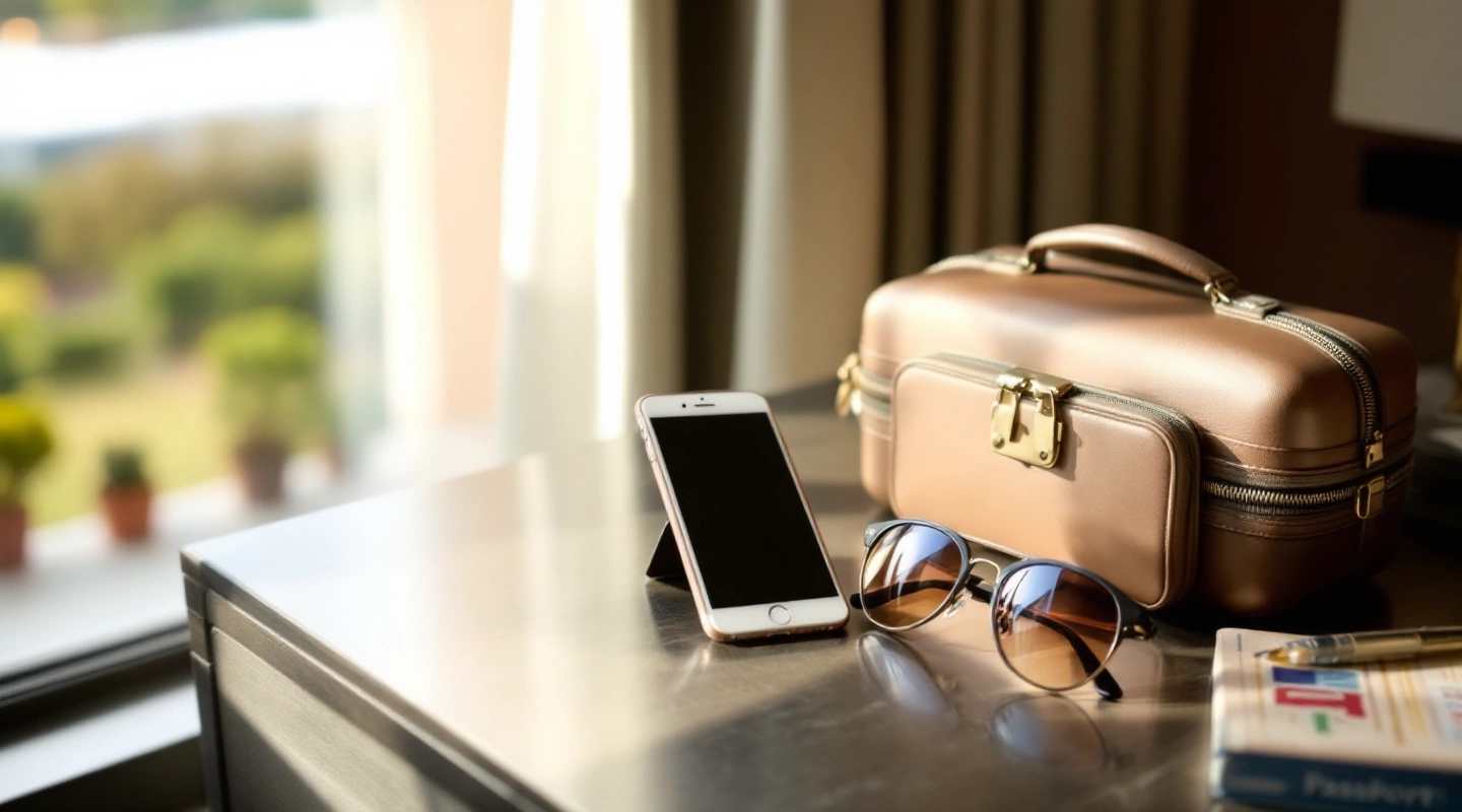 Small travel case, sunglasses and phone beside a window