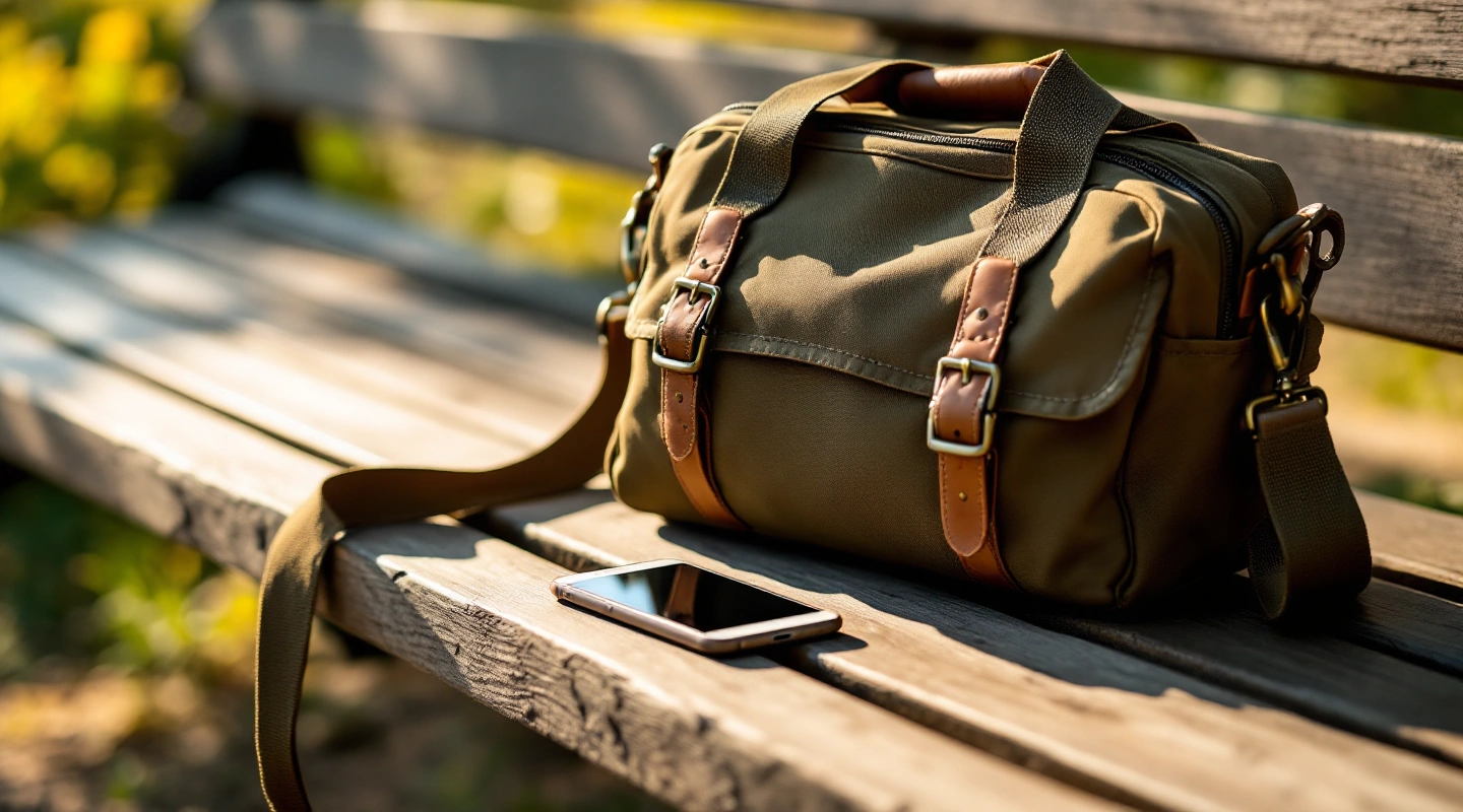 Canvas travel bag and phone on a wooden bench