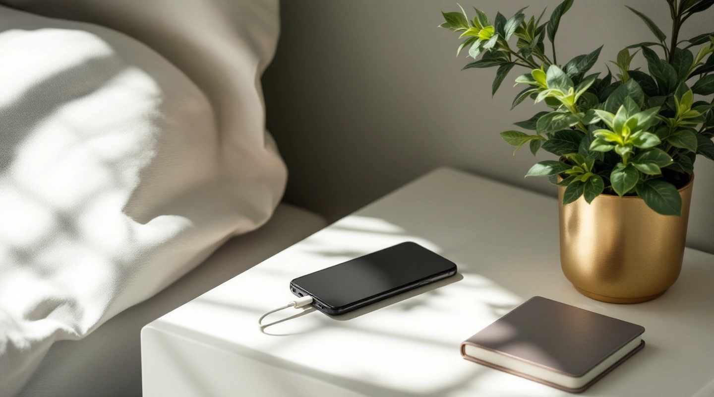 Phone, cable and closed notebook on a sunlit table
