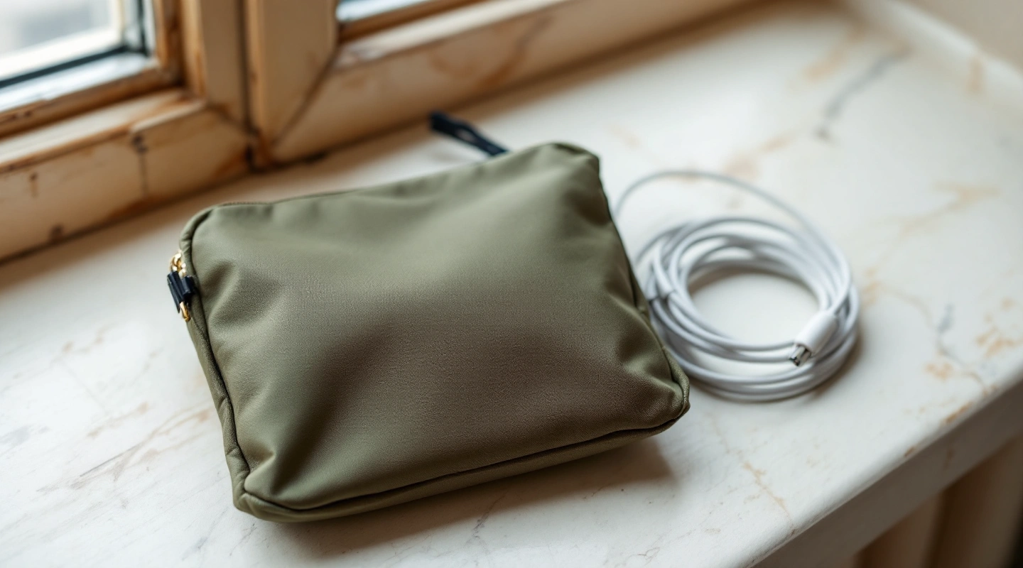 Olive travel pouch and coiled white cable on a stone ledge