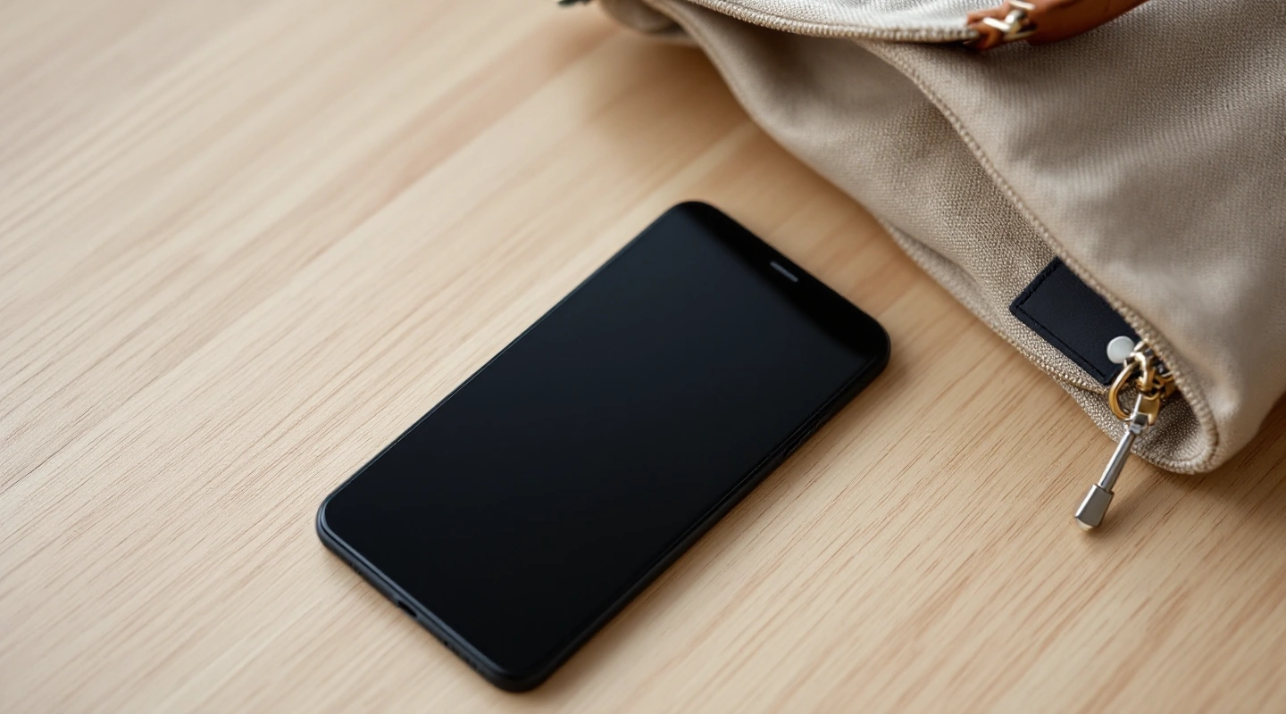 Dark-screen phone beside a fabric bag on a wooden table