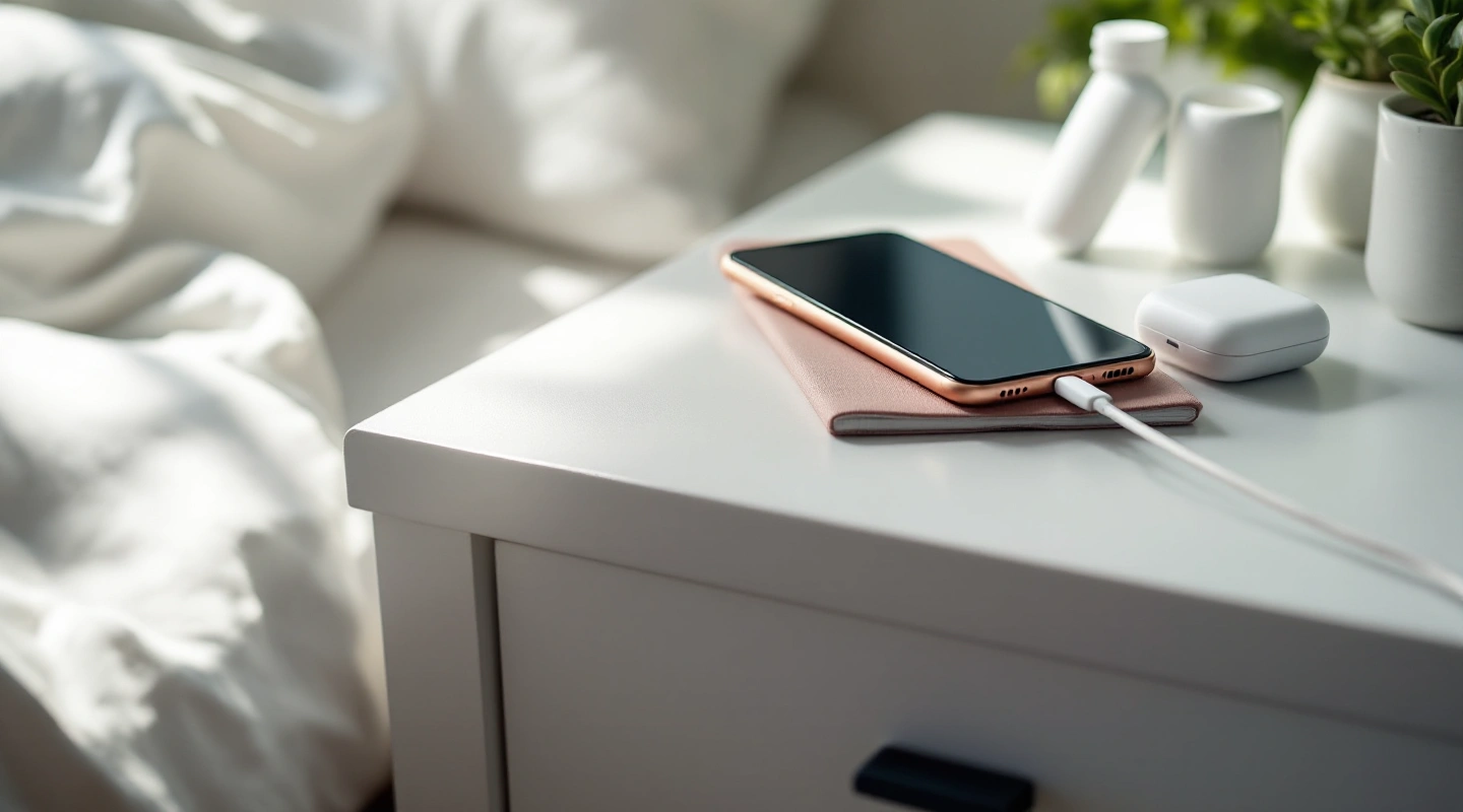 Plain phone, cable and earbuds on a bedside table