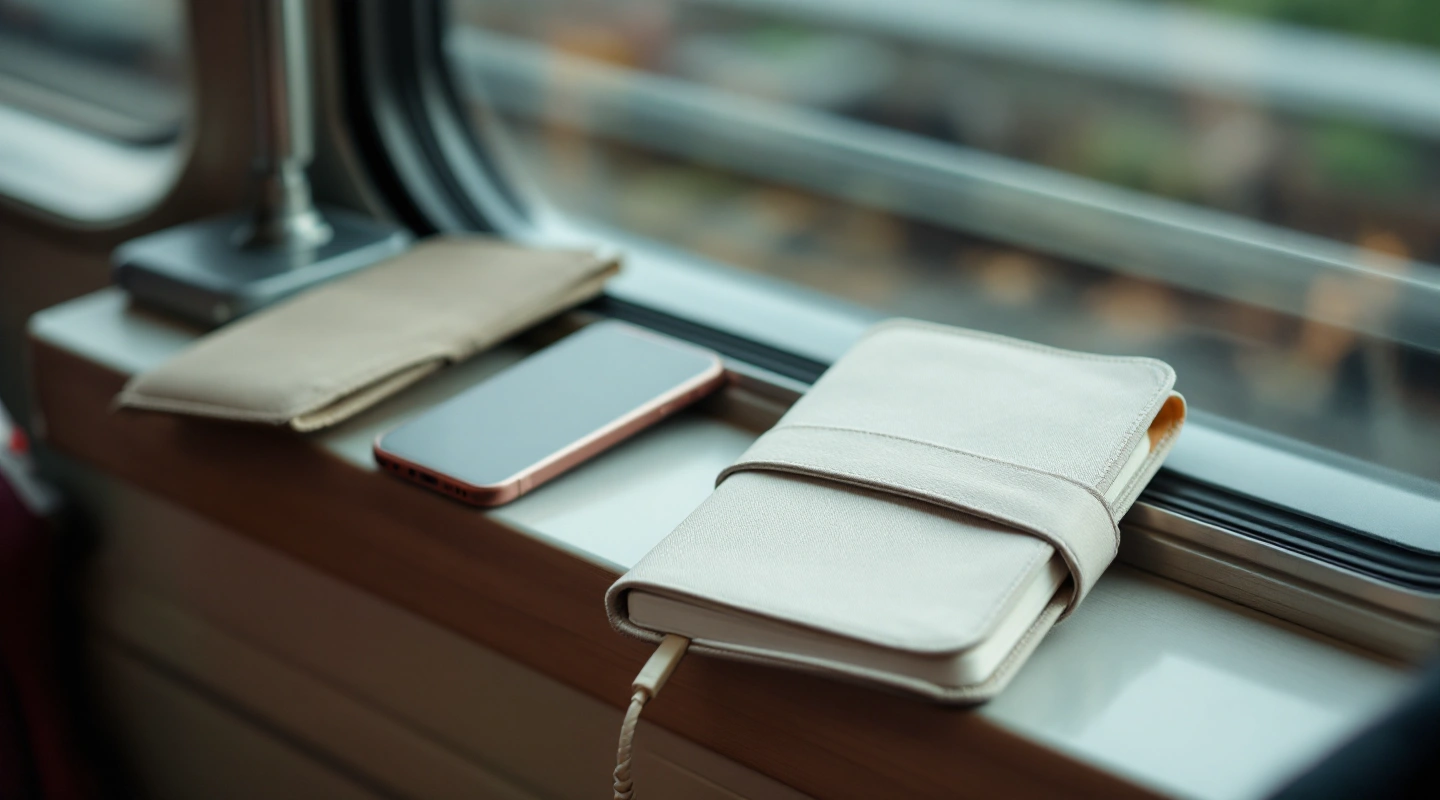 Closed notebook, pouch and charging cable beside a train window