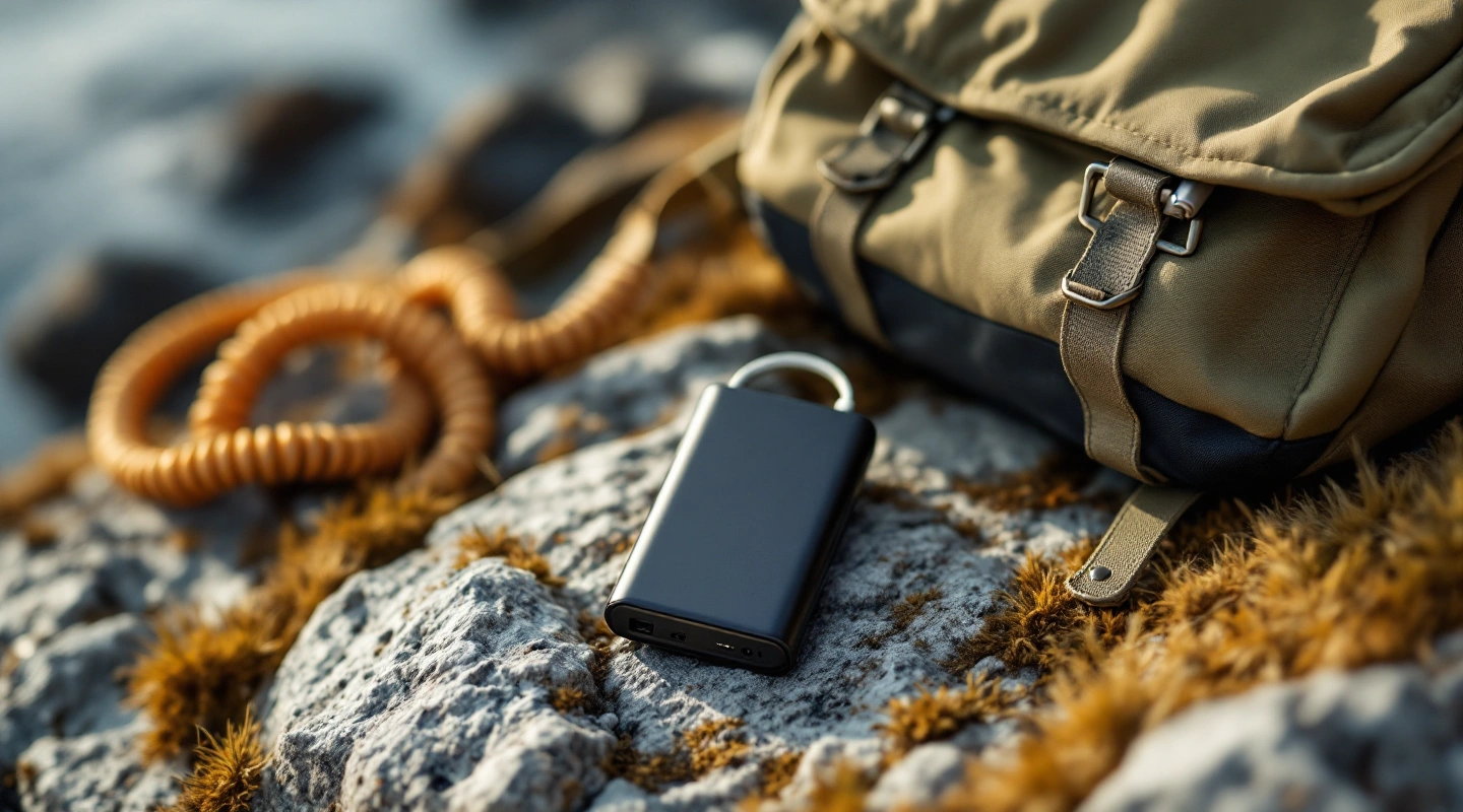 Plain portable battery and coiled cable beside a canvas bag on a rock