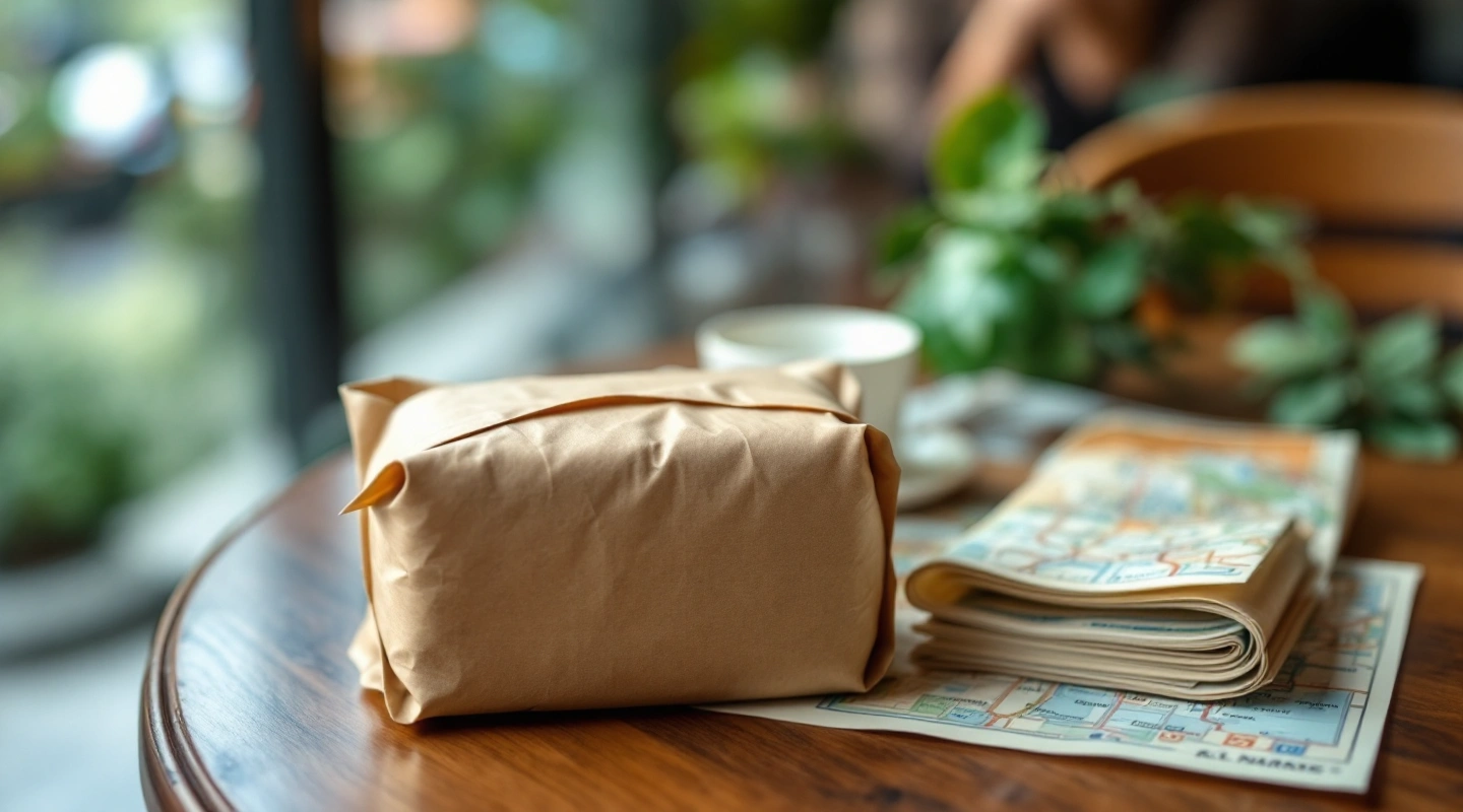Plain camera pouch, coiled strap and folded map on a cafe table