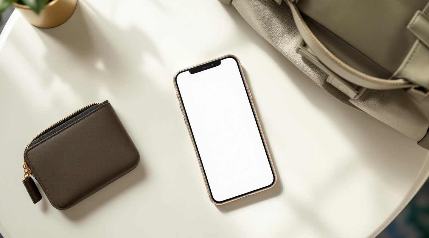 Unbranded phone with a blank screen beside a small purse and travel bag