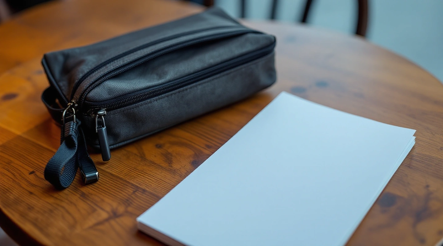 Blank paper beside a dark fabric pouch on a wooden table