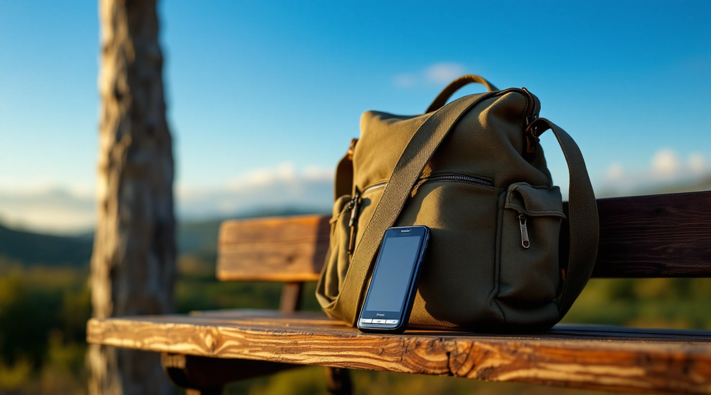 Travel bag and dark-screen phone on a bench overlooking countryside