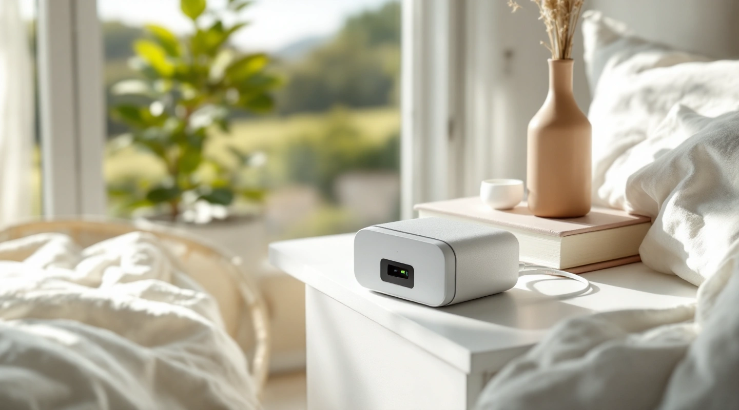 Plain charging block and cable on a bedside table
