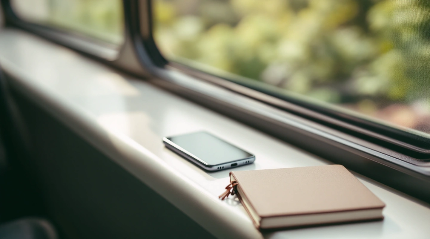 Blank notebook, phone and small bag on a wooden table