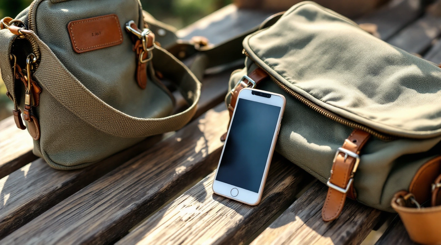 Phone beside a zipped canvas travel bag