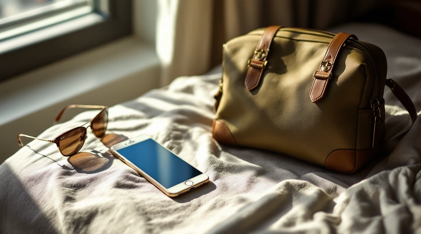 Brown travel bag, glasses and phone on a bed