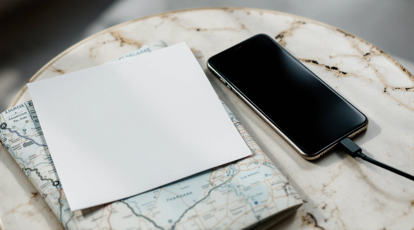 Dark portable battery beside a blank card on a stone table