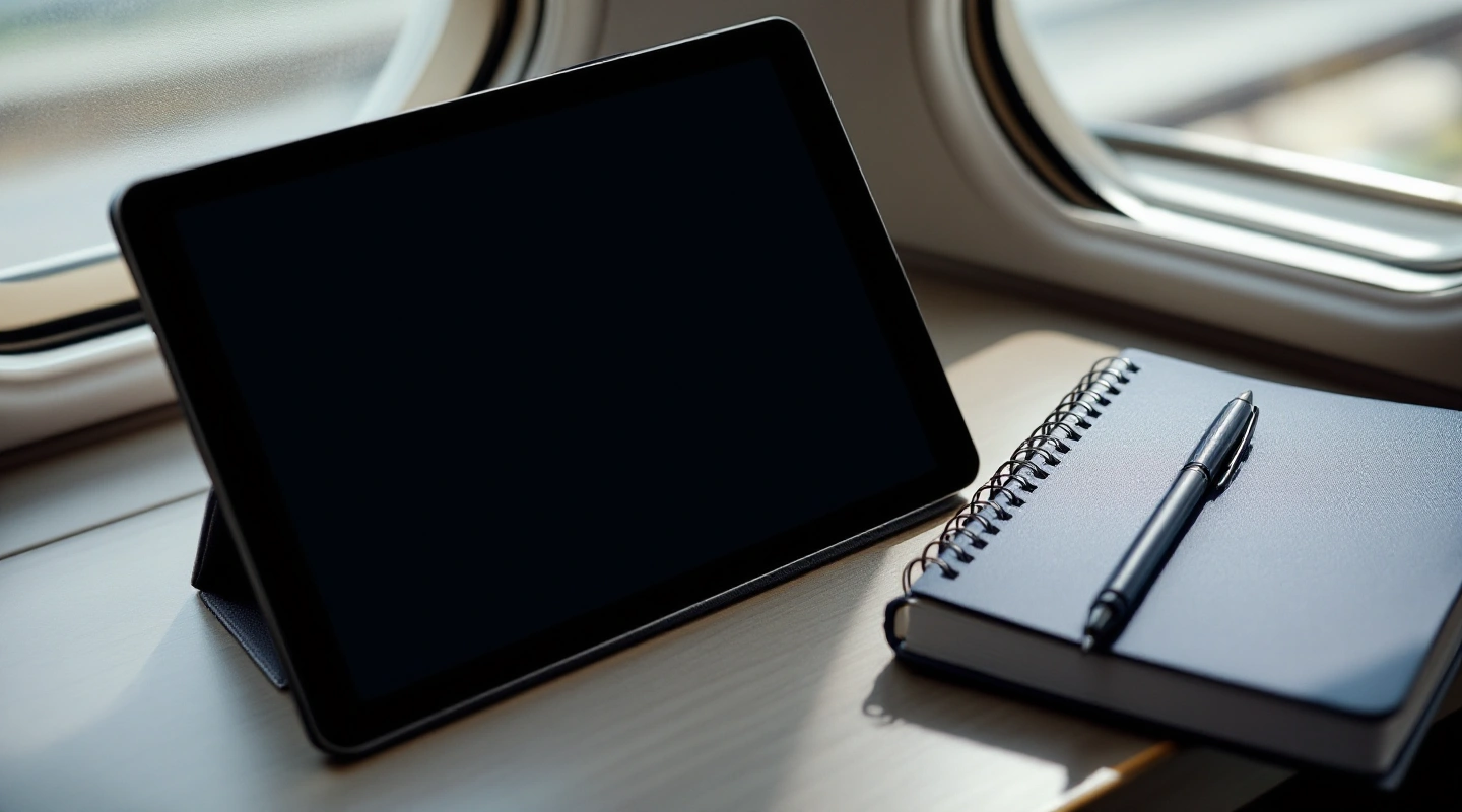 Dark-screen tablet and notebook on an aircraft window table