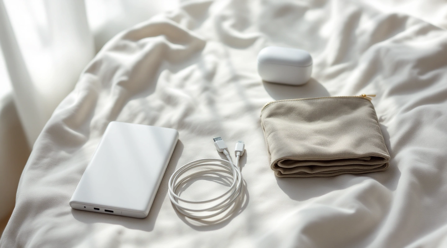Power bank, coiled cable, earbuds case and folded pouch on white bedding