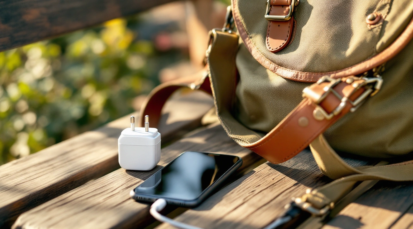 Plug adapter and phone beside a canvas travel bag